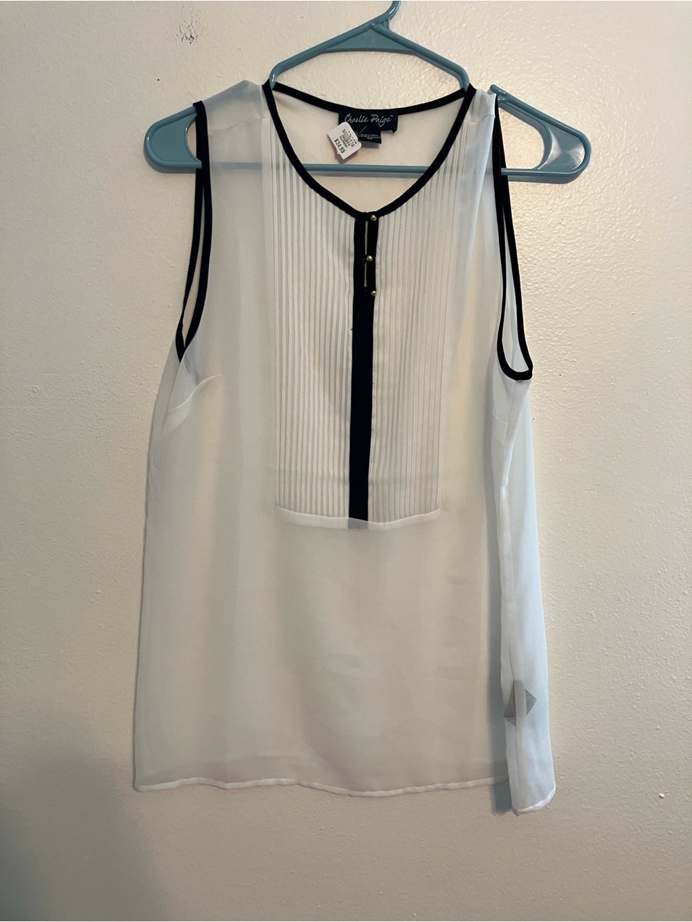 Charlie Paige White Sleeveless Sheer Blouse with Black Trim